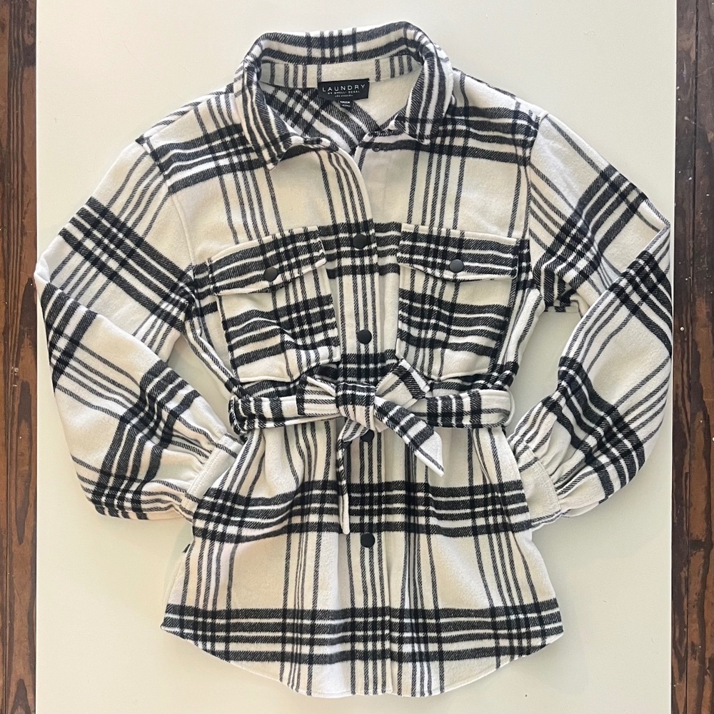Laundry by Shelli Segal Black and White Plaid Belted Utility Jacket